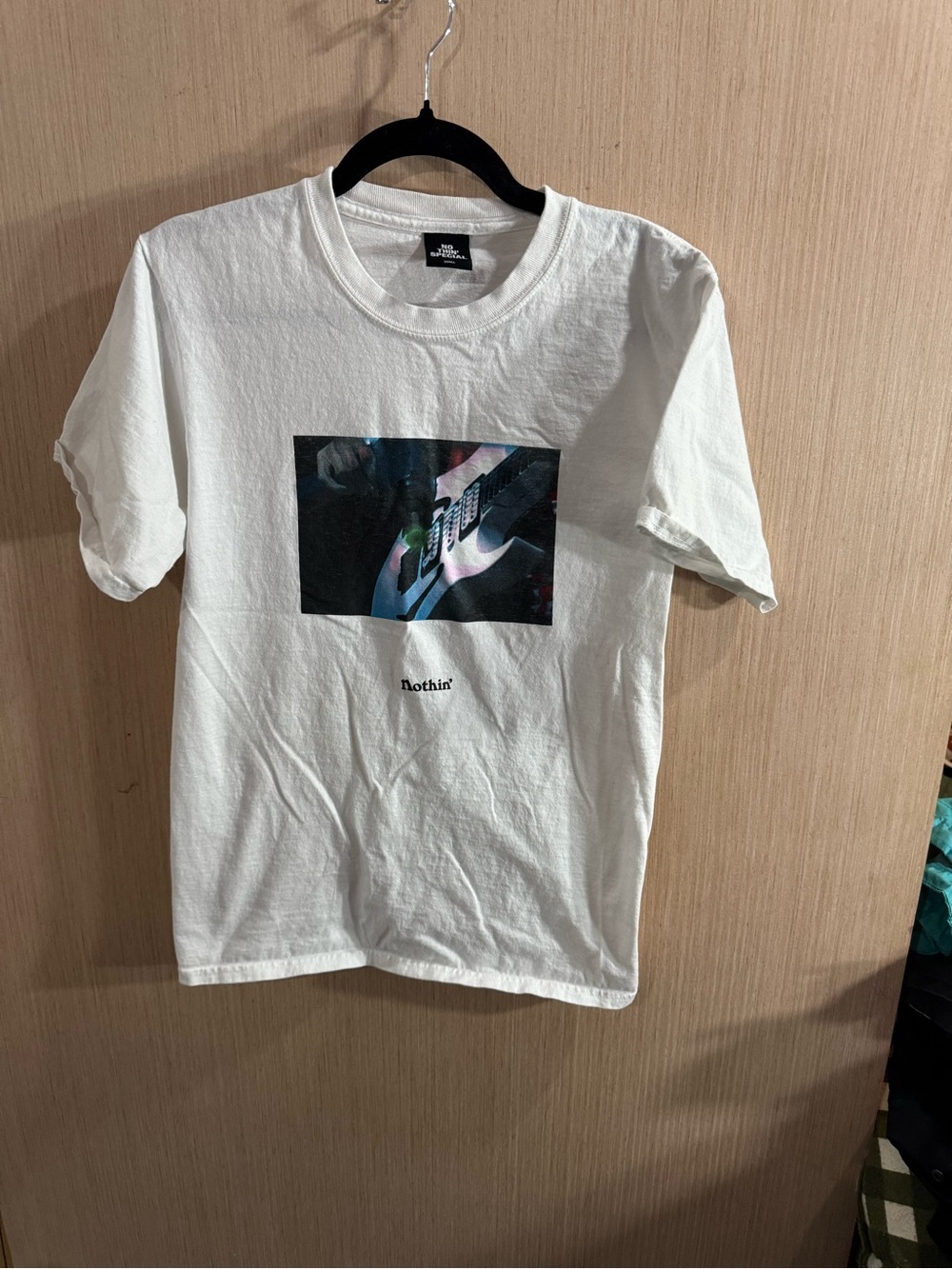 Men's No Thin Special White Graphic Tee with Guitar Print Size Small